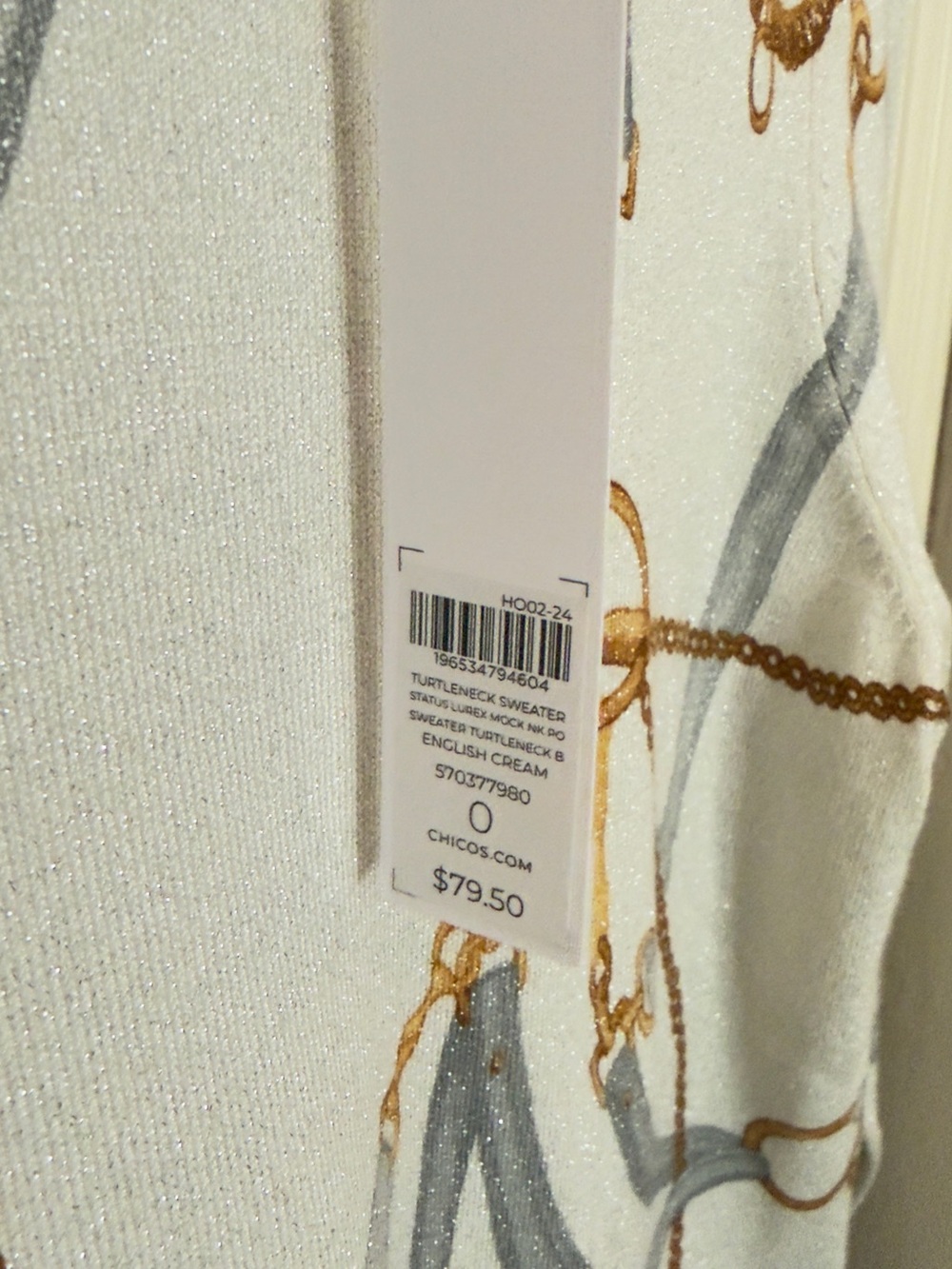 Chico’s Metallic Knit Equestrian Print Sweater Size 0 Cream Gold Gray - Picture 7 of 9